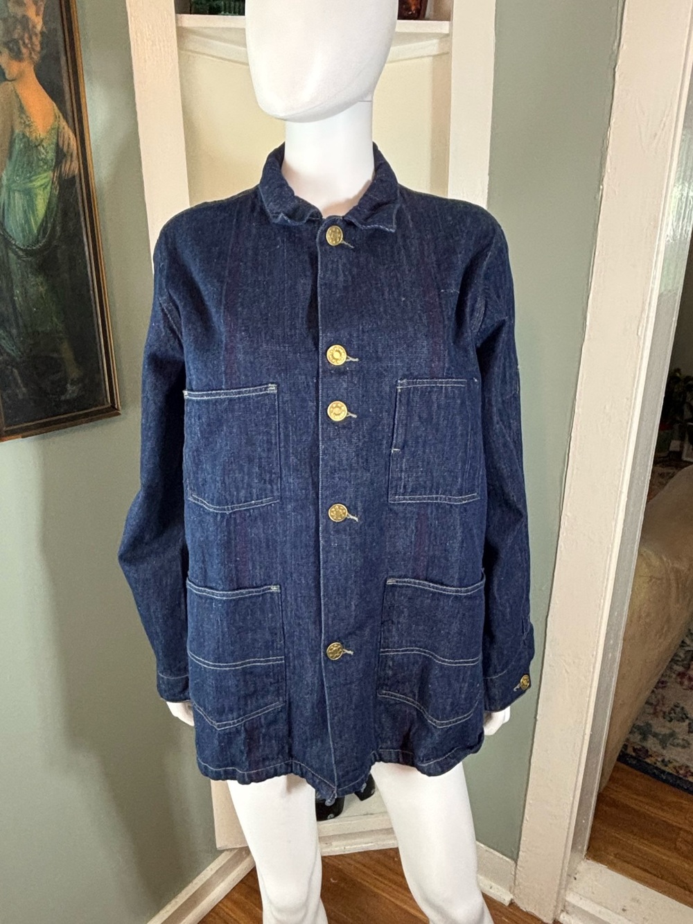 Auntie Oti Women's Indigo Khadi Denim Utility Chore Jacket Patch Pockets Large L